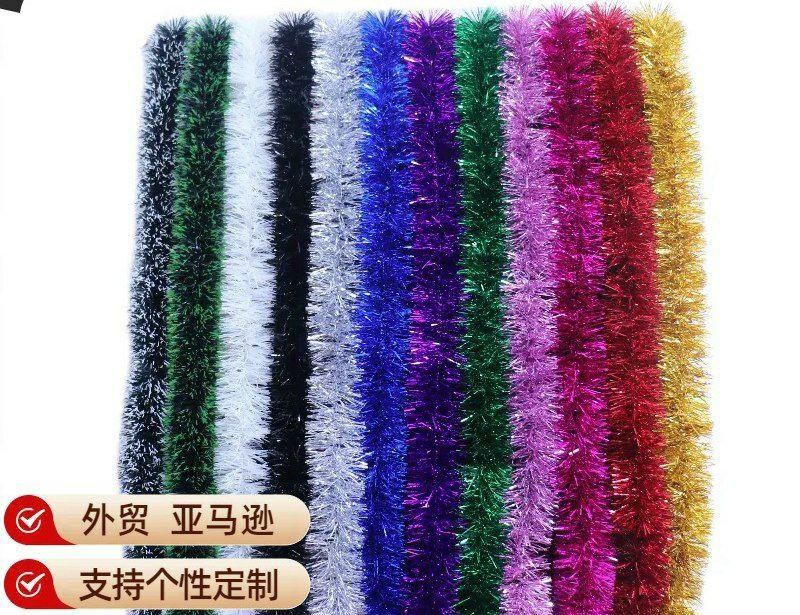 Guirlandes ruban de Noël en tinsel, disponibles en plusieurs couleurs.